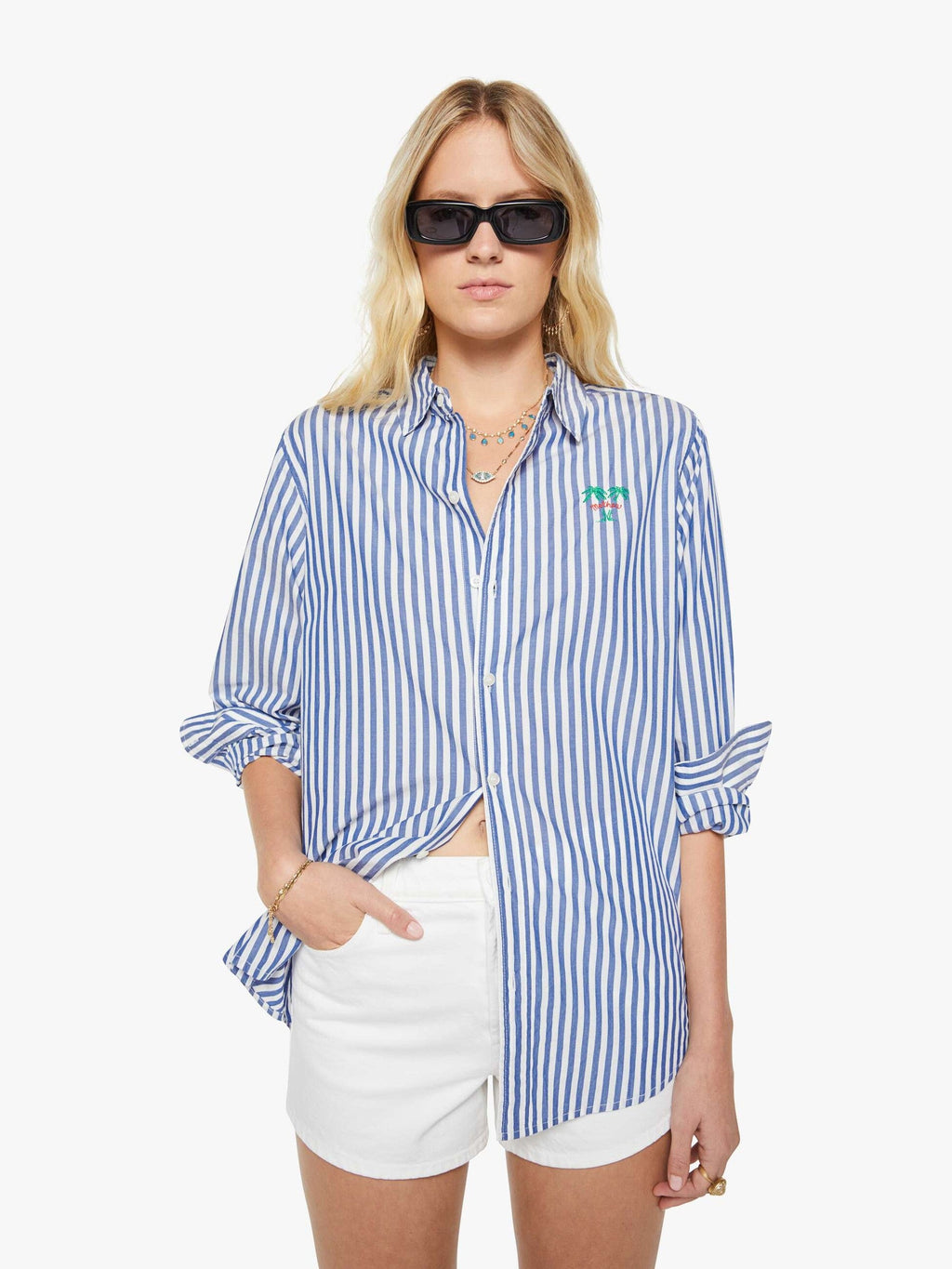 Mother Denim The Drawn Freeballer Short White And Blue Stripe