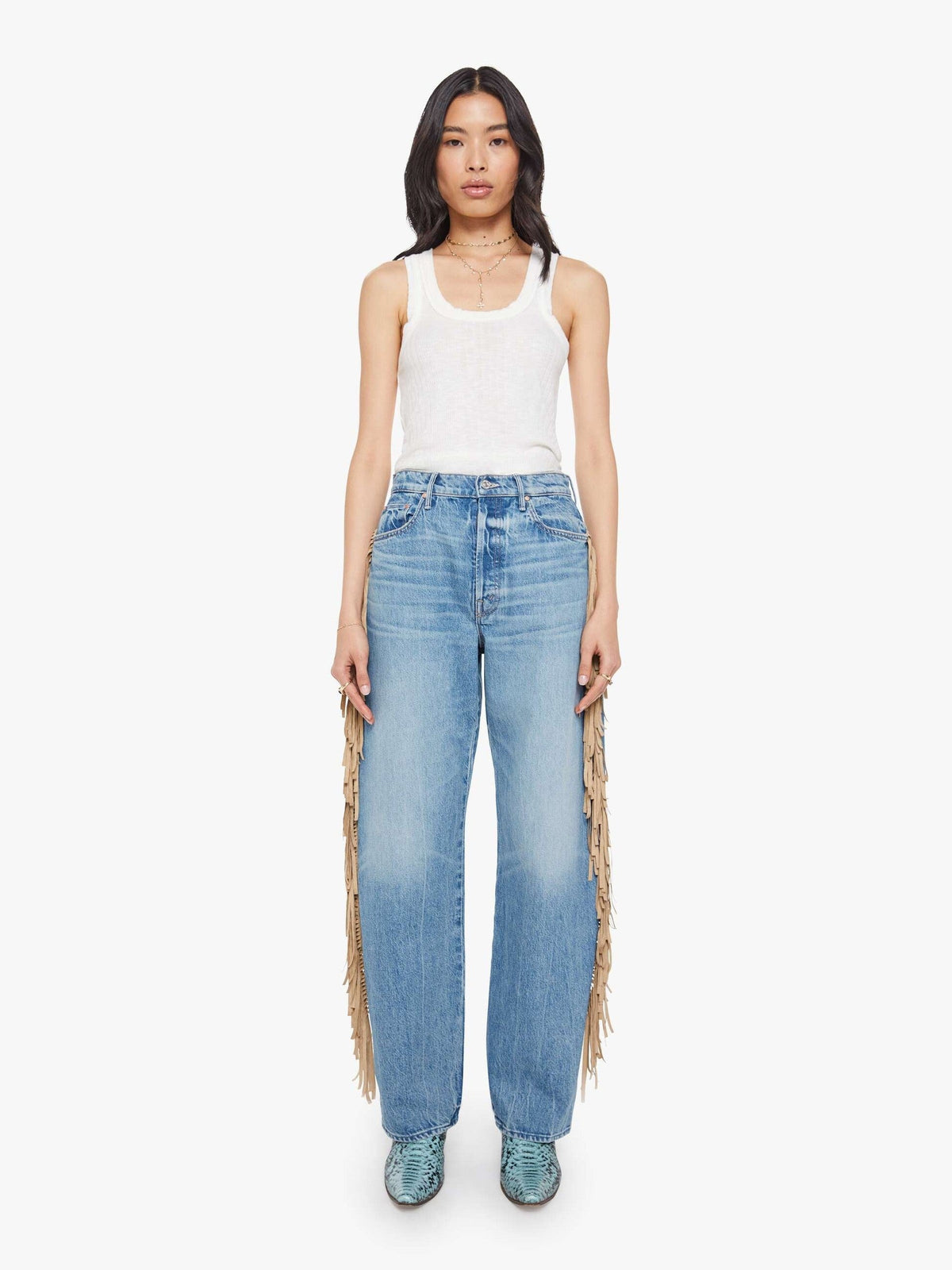 Mother Denim The Fringe Half-Pipe Button Sneak Blue (Medium)