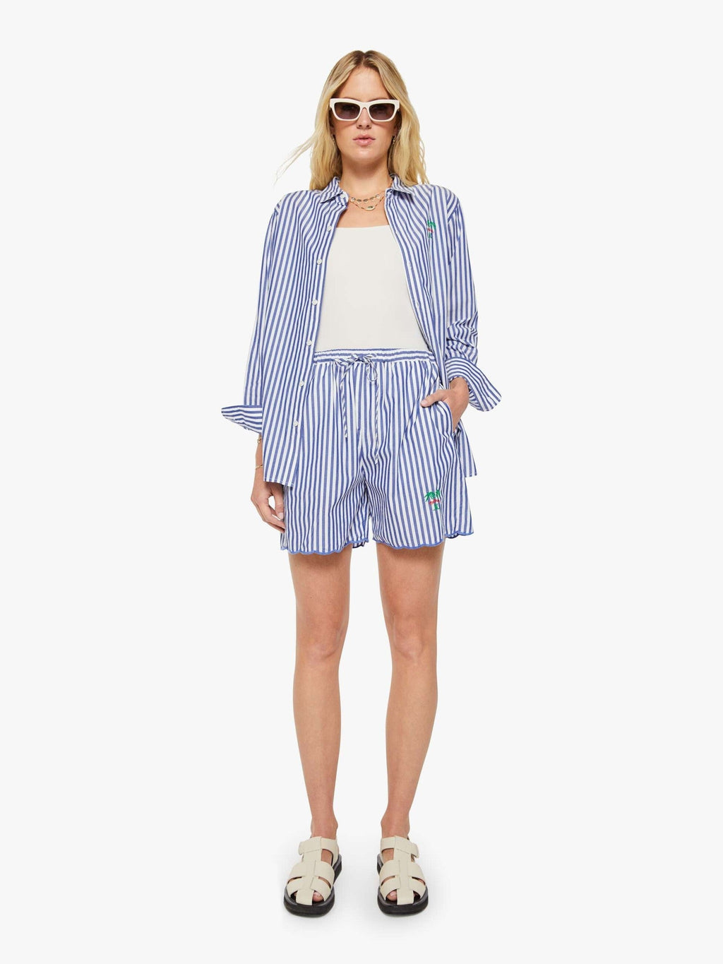 Mother Denim The Drawn Freeballer Short White And Blue Stripe